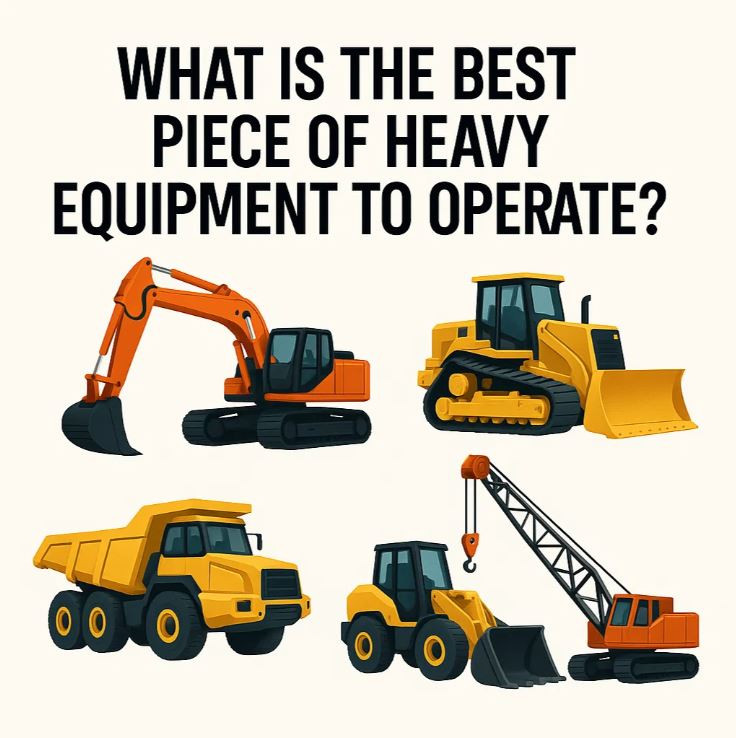Collage of five pieces of equipment with the text "What is the beast piece of heavy equipment to operate?"