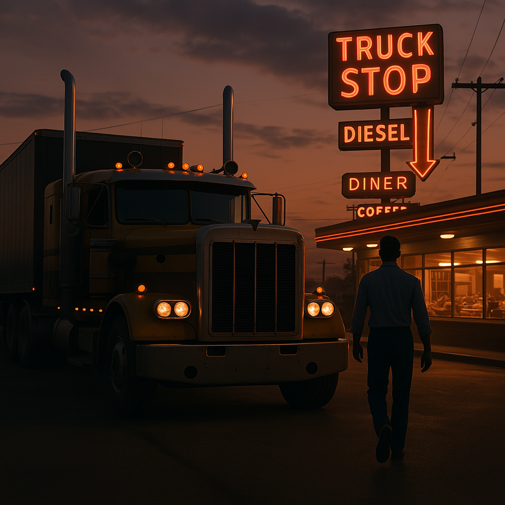 Sunset view of a truck stop sign and store with a dark outline of a person standing by a Long-Haul Truck.