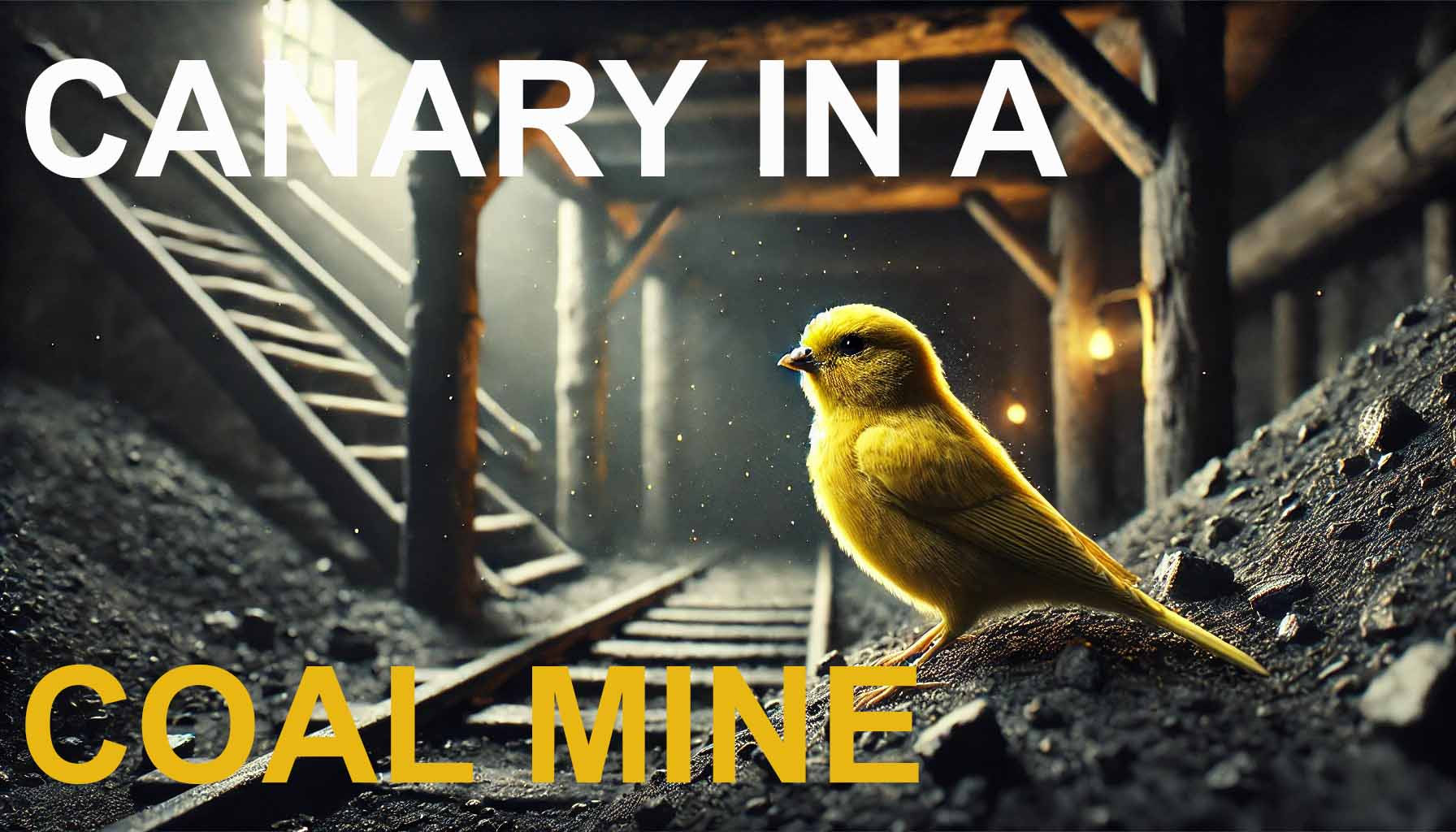 Yellow bird perched in a Cole mine with lights, tracks, stairs and the text "Canary In A Coal Mine."