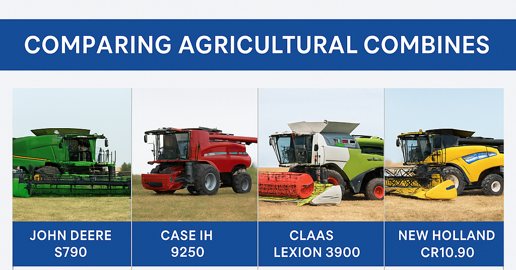 Combines John Deere S790, Case IH 9250, Claas Lexion 3900, New Holland CR10.90 with text "Comparing Agricultural Combines."