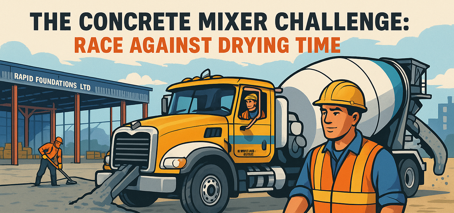 Illustration of a concrete mixer pouring concrete while a worker spreads it and another worker watches.