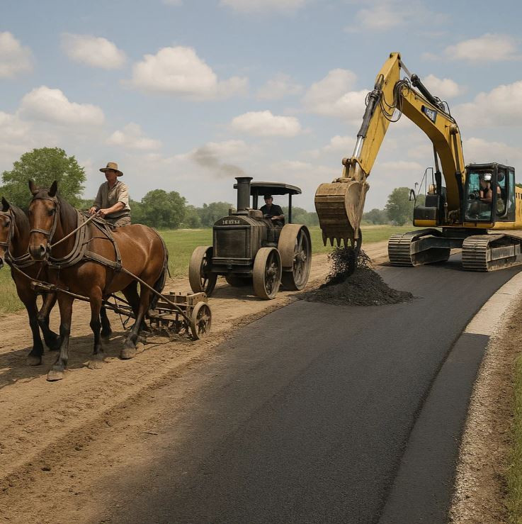 Excavator paving a road beside a vintage steam tractor and horse-drawn plow, showing eras of construction side by side.