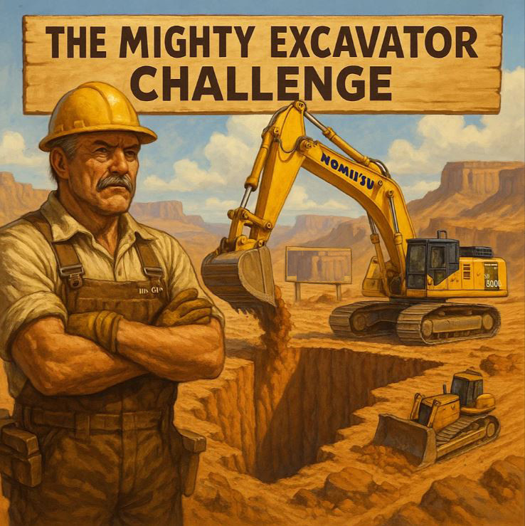 Man standing on site while an excavator and dozer work behind him with the text "The Mighty Excavator Challenge."