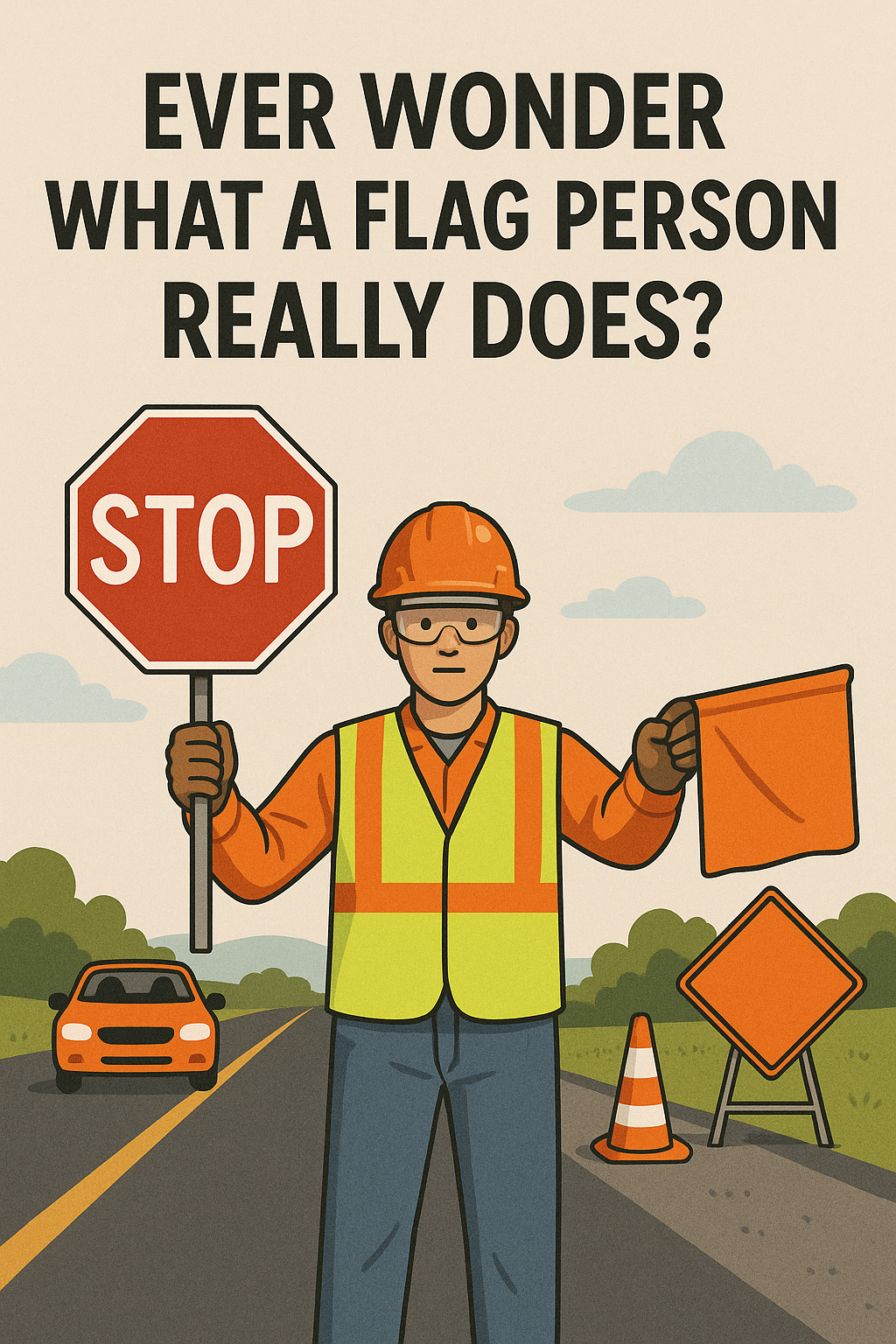 Flag Person in the highway holding an orange flag and stop sign with the text "Ever Wonder What A Flag Person Really Does?"