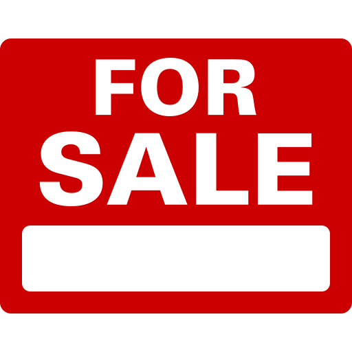 Red and white sign on a black background with the text "For Sale" on the sign.
