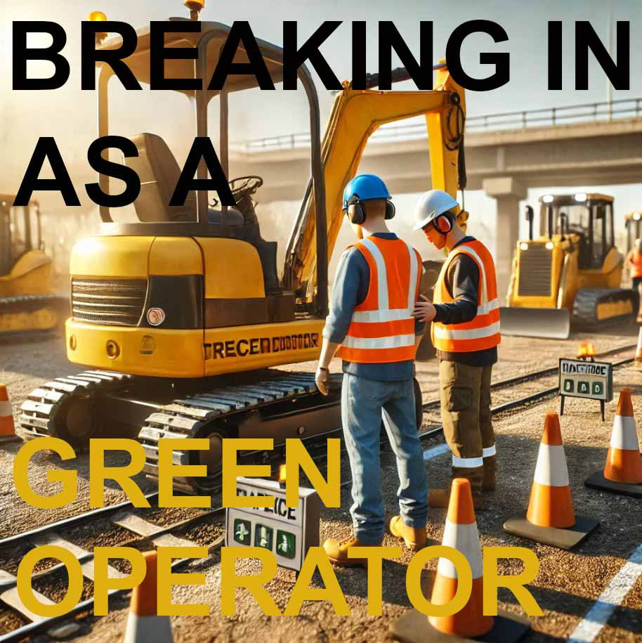 Illustration of one operator training another operator on a jobsite with text that says "Breaking in as a Green Operator."