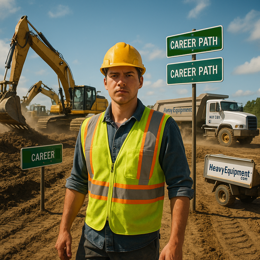 Worker on a construction site with equipment and trucks in motion and signs behind him text "Career Path", "Career".