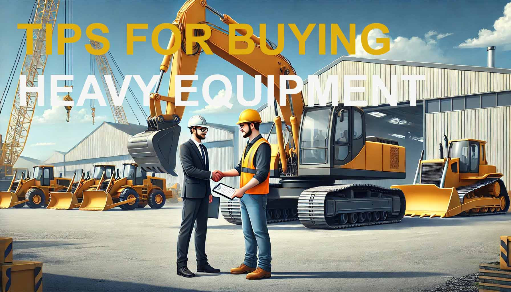 Illustration of a buyer shaking hands with a seller in a heavy equipment yard with text "Tips for Buying Heavy Equipment."