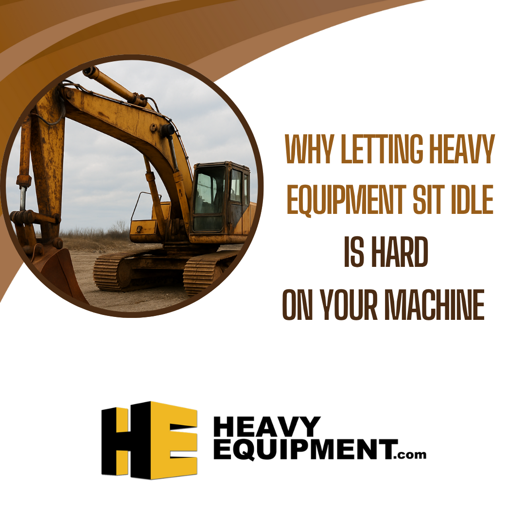 Excavator inside a circle and text "Why Letting Heavy Equipment Sit Idle Is Hard On Your Machine."