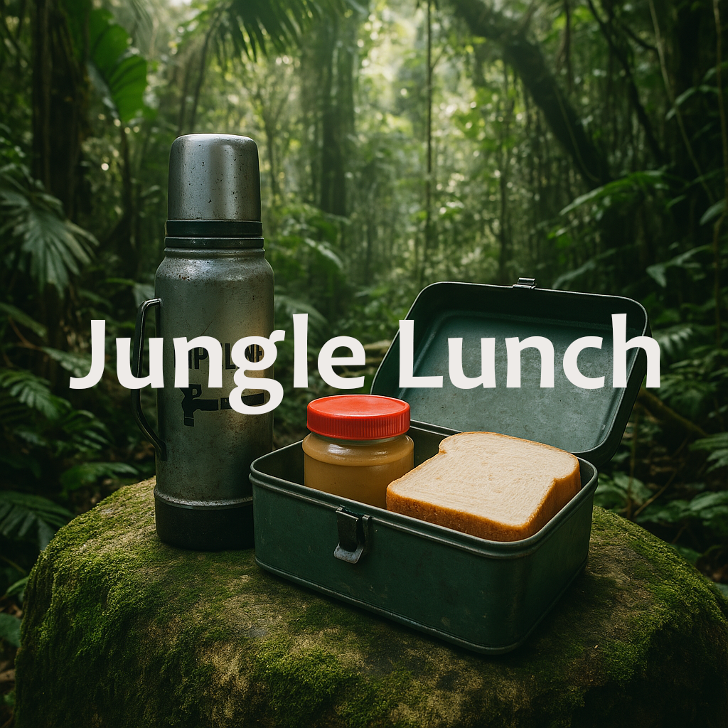 View of a jungle with a lunch box containing food and drinking canteen placed on a rock with the text "Jungle Lunch."