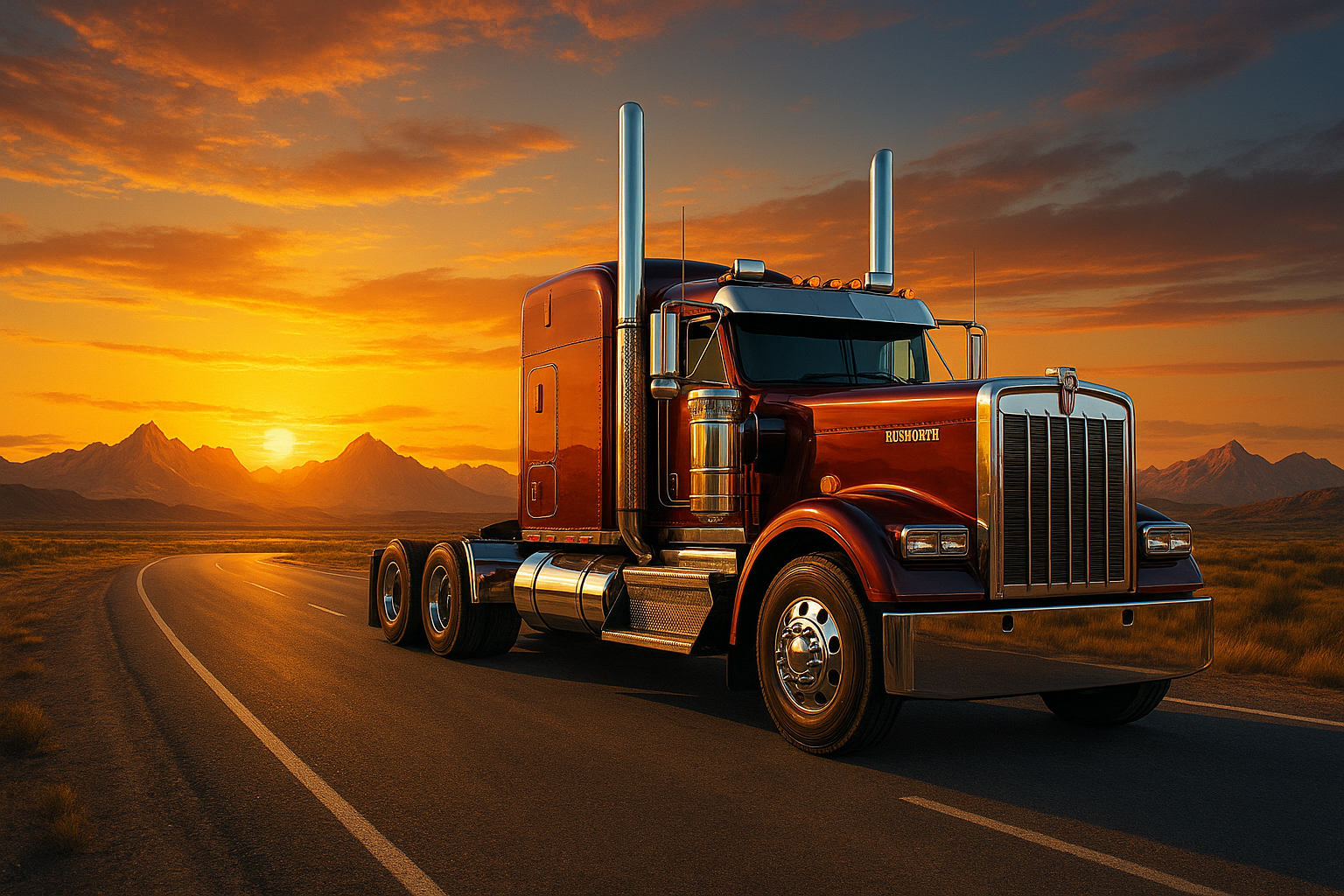 Right side view of a red Kenworth W900 driving on the highway with the sun setting in the distance.