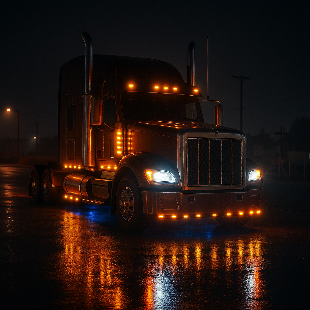 A semi truck at night highly illuminated with a custom light package.