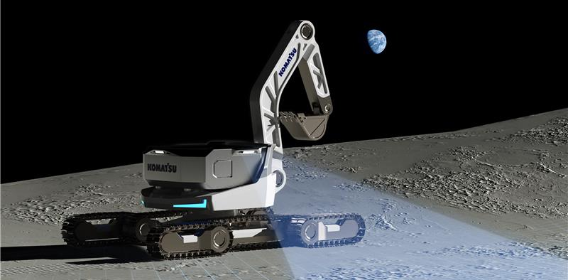 Komatsu excavator pictured in a lunar concept setting.