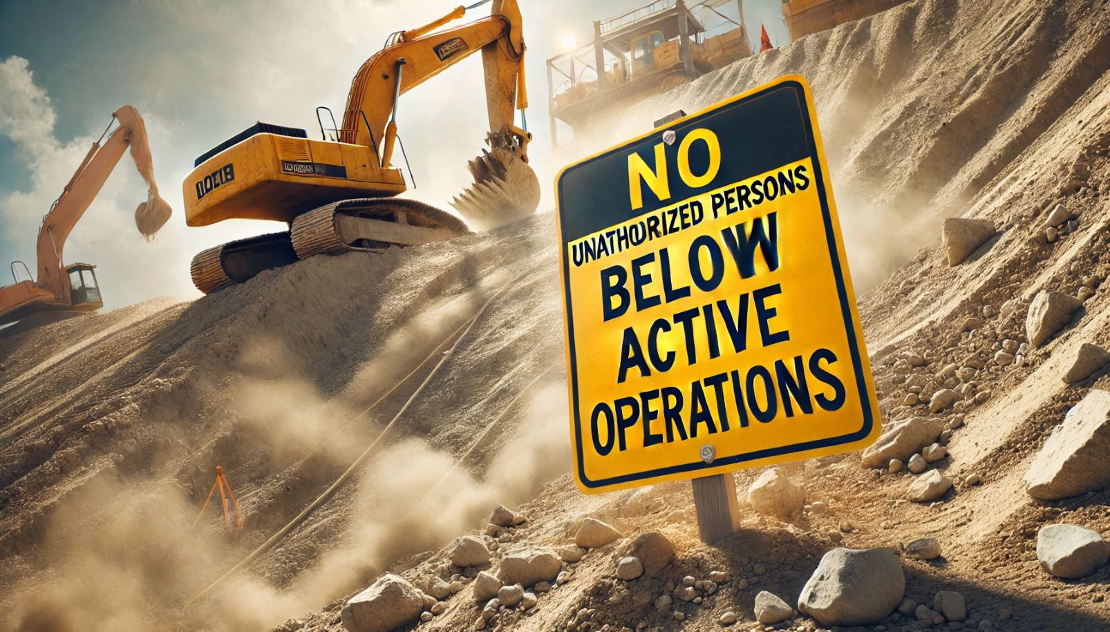 Illustration of excavators working on a steep slope with signage that states, "No unauthorized persons below active operations."