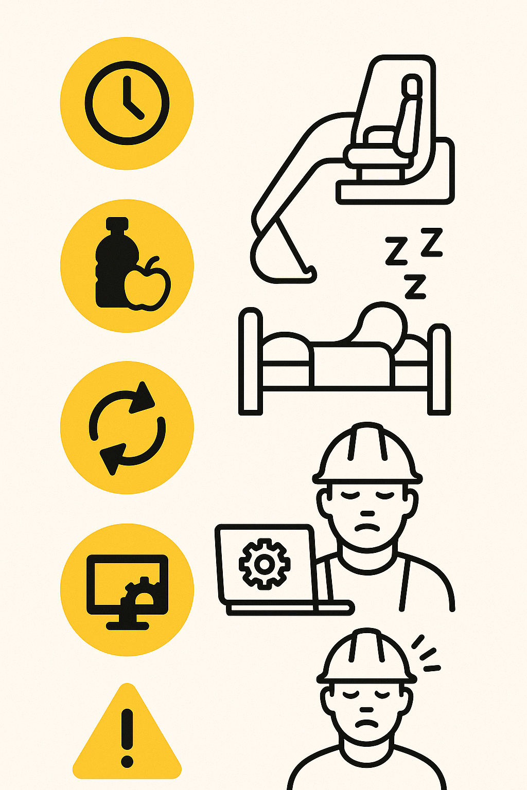 Illustration of various icons depicting operator fatigue and how to avoid it while running heavy equipment.