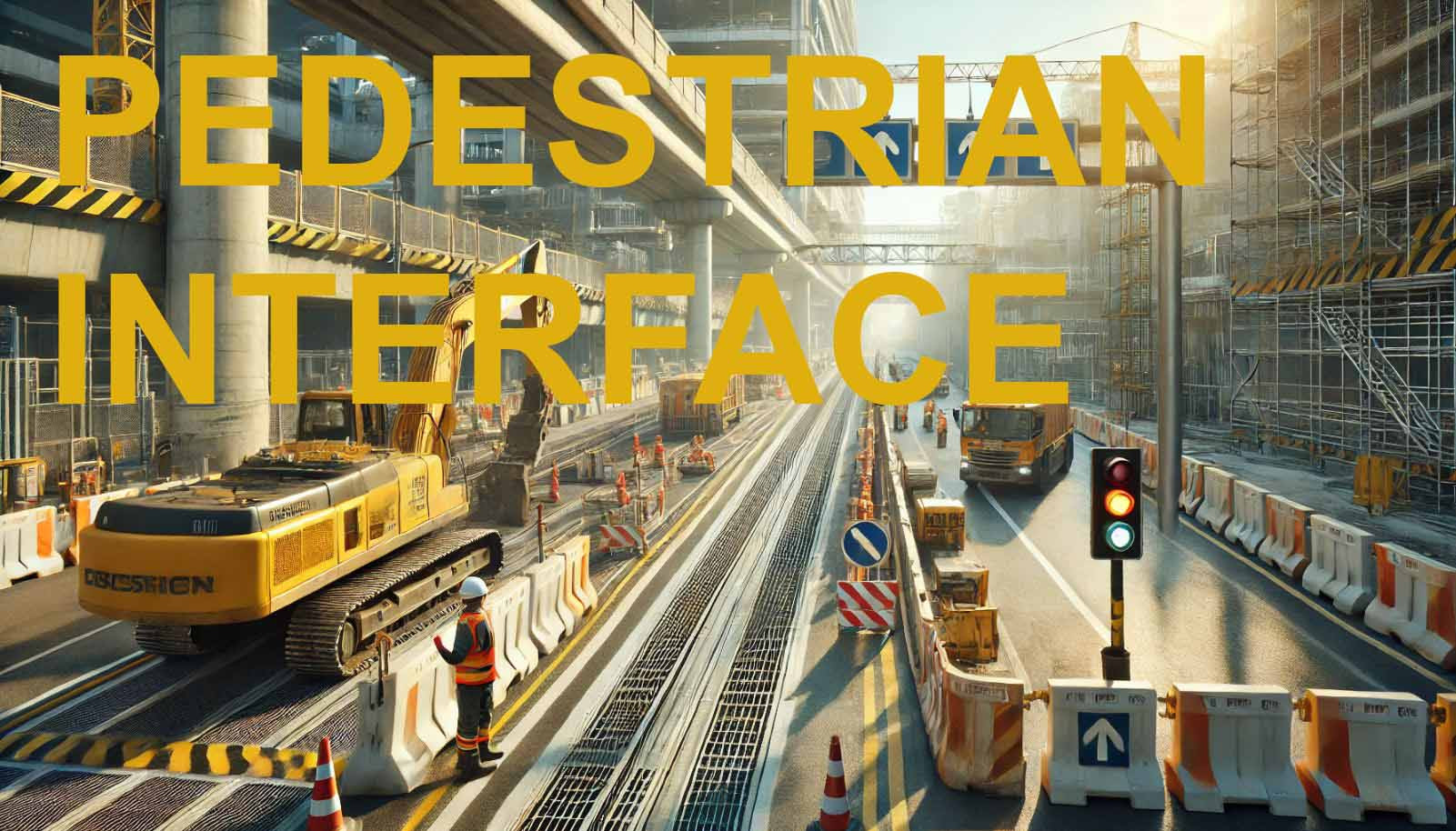 A futuristic illustration of a busy manufacturing plant with text that says "Pedestrian Interface" in bold  yellow lettering.