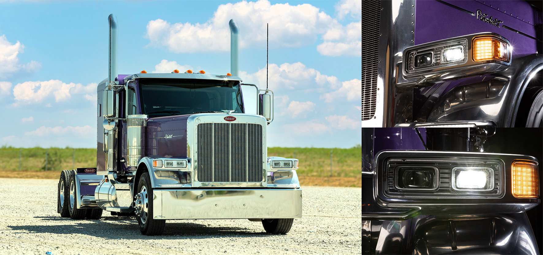 A collage of Peterbilt Model 589 in various settings featuring new LED Pod Headlights.