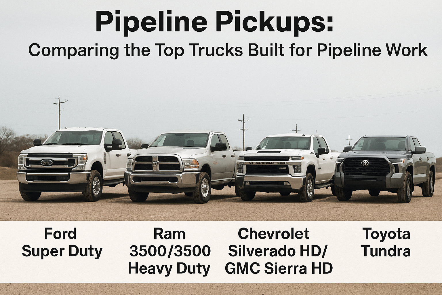 Four trucks the Ford, Ram, Chevrolet, Toyota with text "Pipeline Pickups: Comparing the Tip Trucks Built for Pipeline Work."