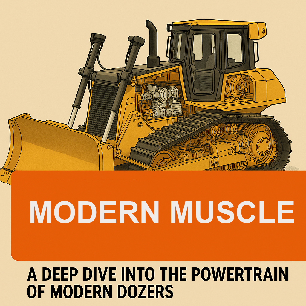 Dozer illustration with text inside an orange box "Modern Muscle" below more text "A Deep Dive Into The Powertrain Of Modern Dozers."
