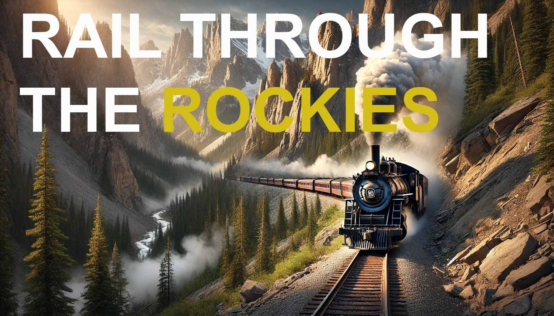 Vintage train blowing steam while driving on the tracks through the mountains with the text "Rail Through The Rockies."