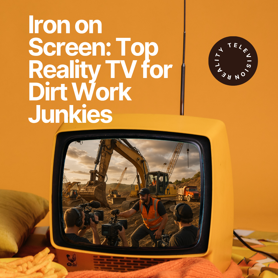 A TV displaying an action packed heavy equipment scene with text "Iron on Screen: Top Reality TV for Dirt Work Junkies"