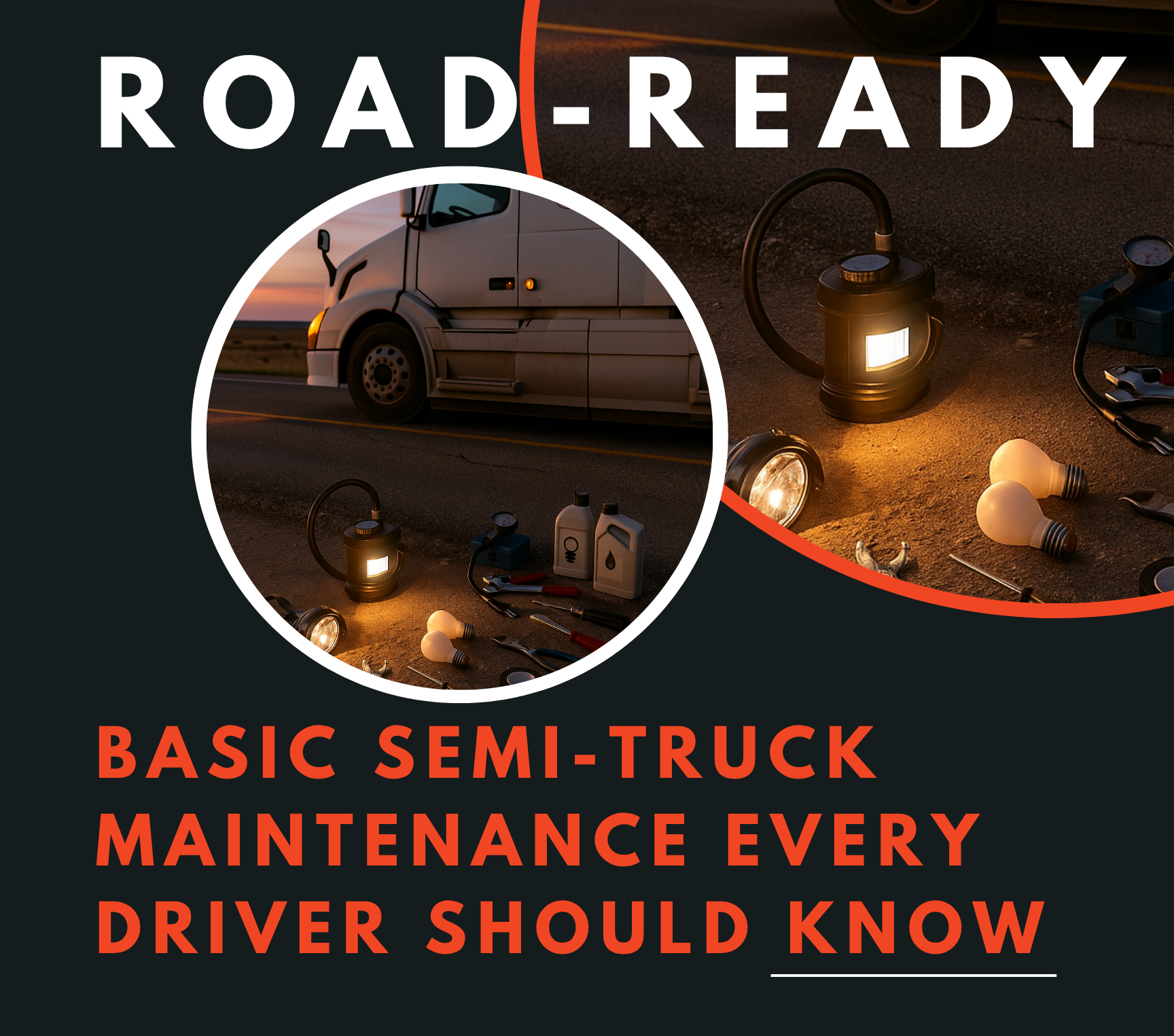 Two circular images of various items for quick mechanic work roadside with text that says "Road-Ready."