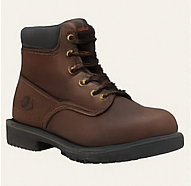 Side profile of a Timberland Pro 6' Pt boss steel toe safety boot in brown with a thick black sole.