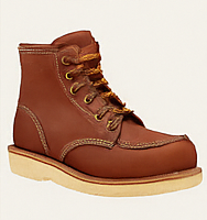 Side profile of a Thorogood american heritage 6 moc toe safety boot in brown with a thick off-white sole.