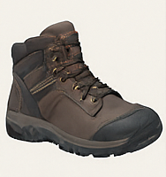Side profile of a KEEN utility Pittsburgh steel toe safety boot in brown and black.