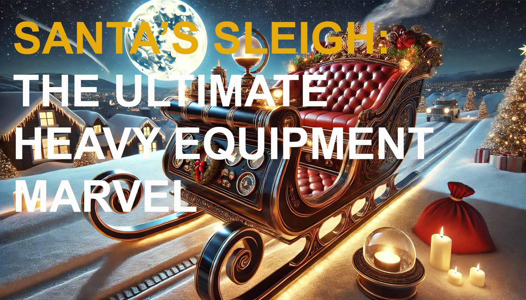 Santa's sleigh on a snowy backdrop at night with text that says "Santa's Sleigh: The Ultimate Heavy Equipment Marvel."