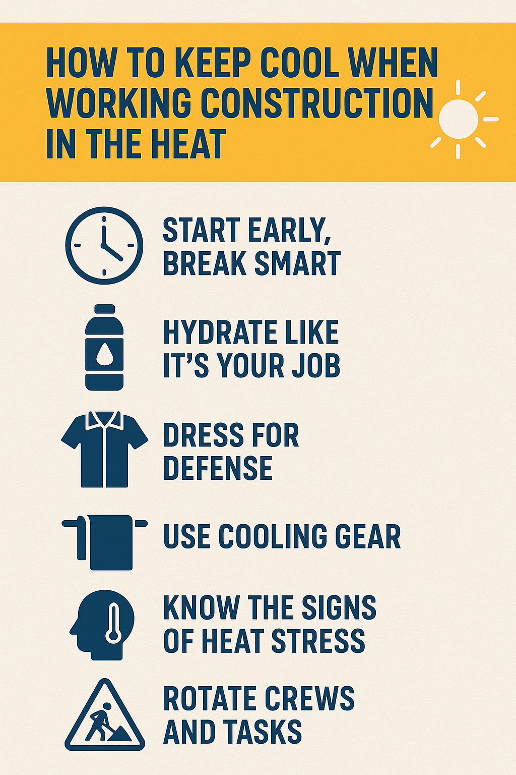Illustration of various icons depicting how to stay cool with text "How To Keep Cool When Working Construction In The Heat."