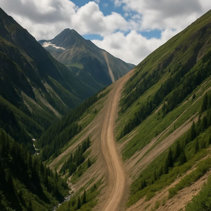 Very steep slope pathway across a mountainous area surrounded by trees.