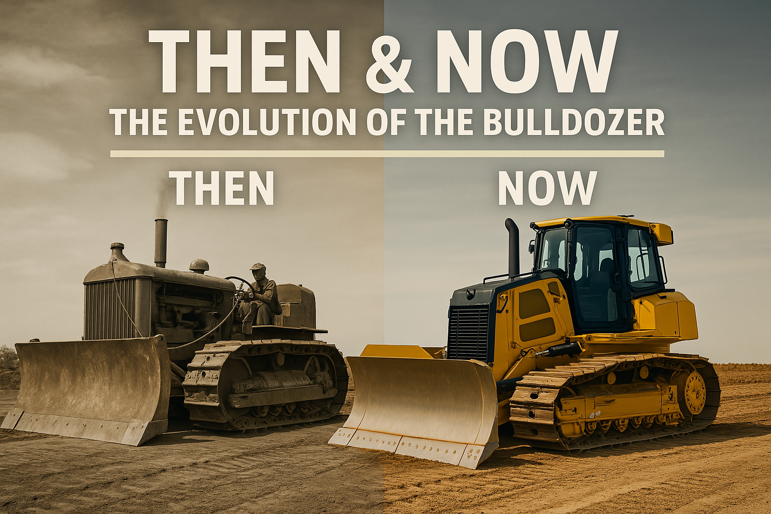 Side by side dozers, one is vintage the other is a modern day with the text "Then & Now The Evolution Of The Bulldozer."