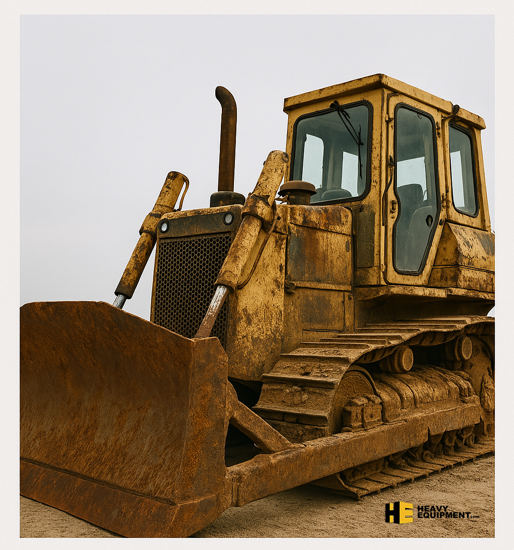 Very old dozer to illustrate when it is time to replace your heavy equipment with the HeavyEquipment.com logo.