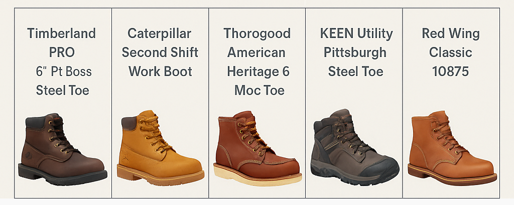 Side by side comparison of the top five safety boots from Timberland, Caterpillar, Thorogood, Keen and Redwing.