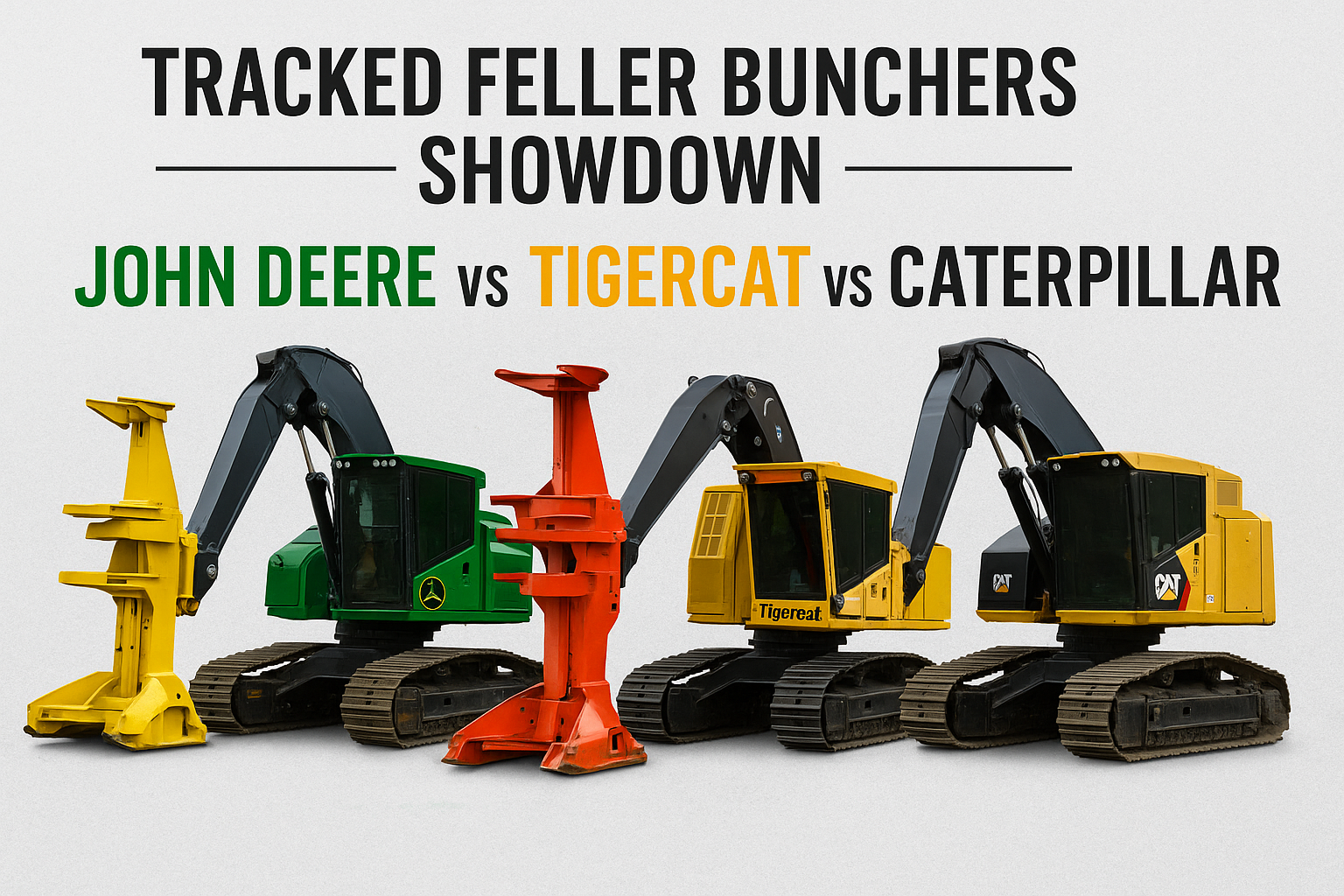Comparison of three feller bunchers with the text "Tracked Feller Bunchers Showdown John Deere vs Tigercat vs Caterpillar."