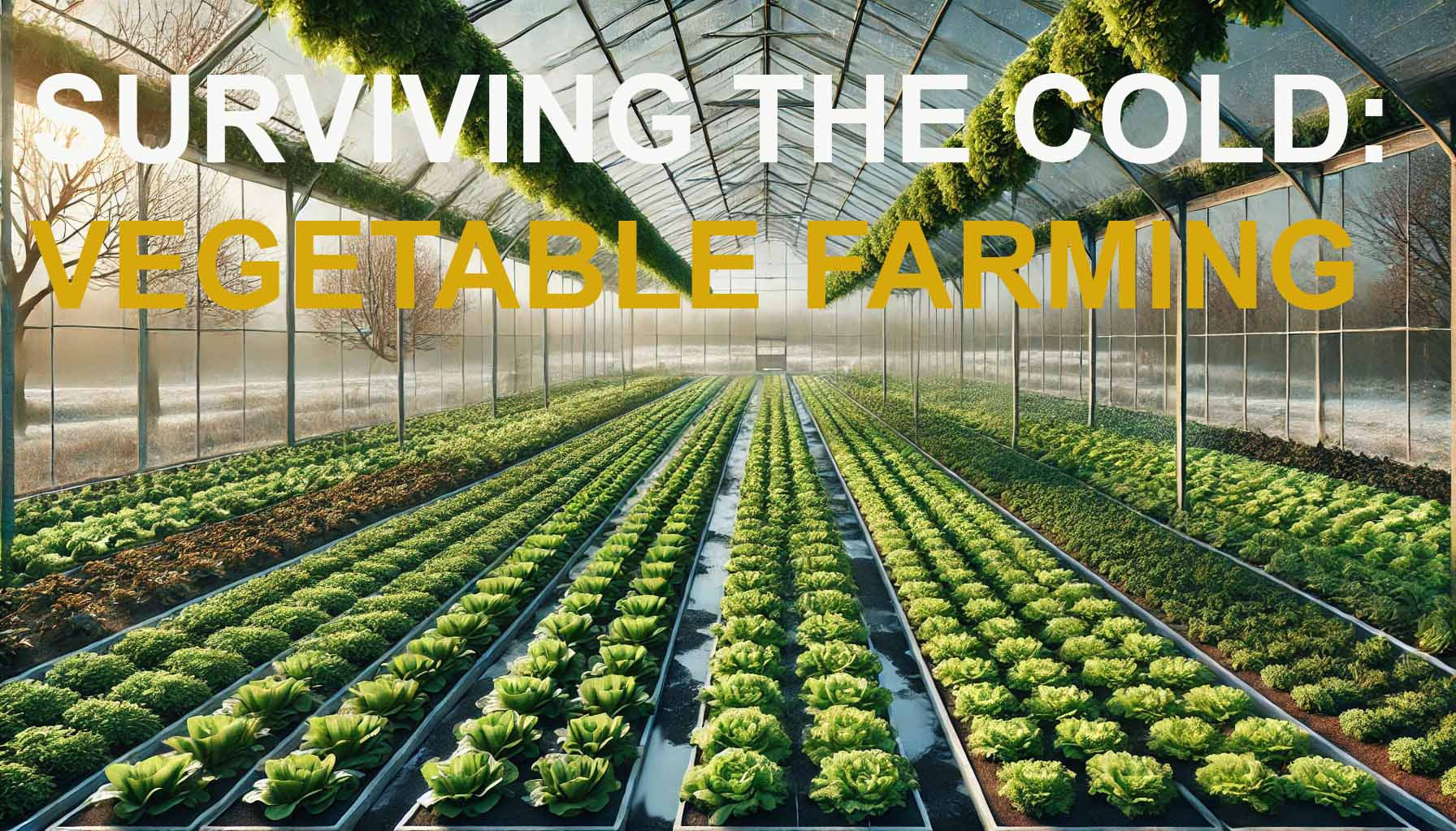 A greenhouse with rows and rows of vegetables growing and text that says "Surviving the Cold: Vegetable Farming."