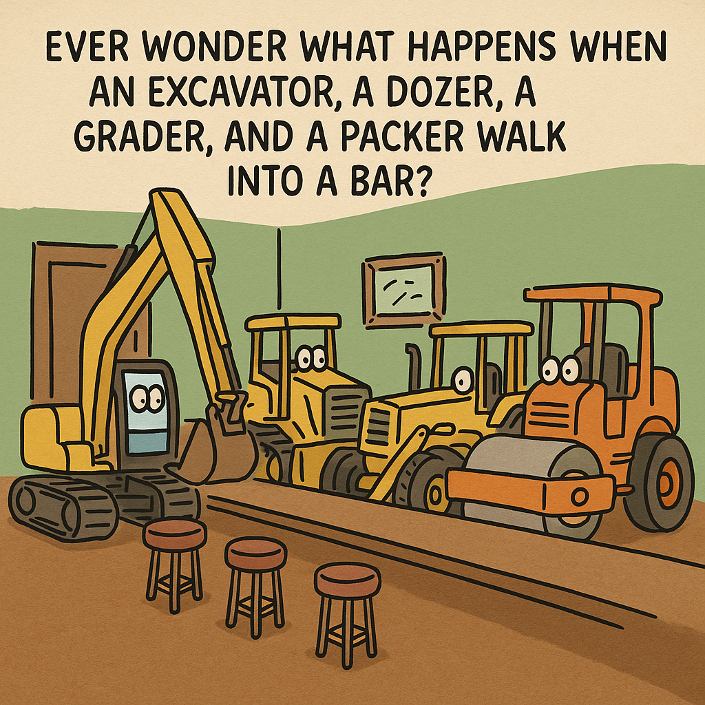 Equipment in a bar with text "Ever Wonder What Happens When An Excavator, A Dozer, A Grader, And A Packer Walk Into A Bar?