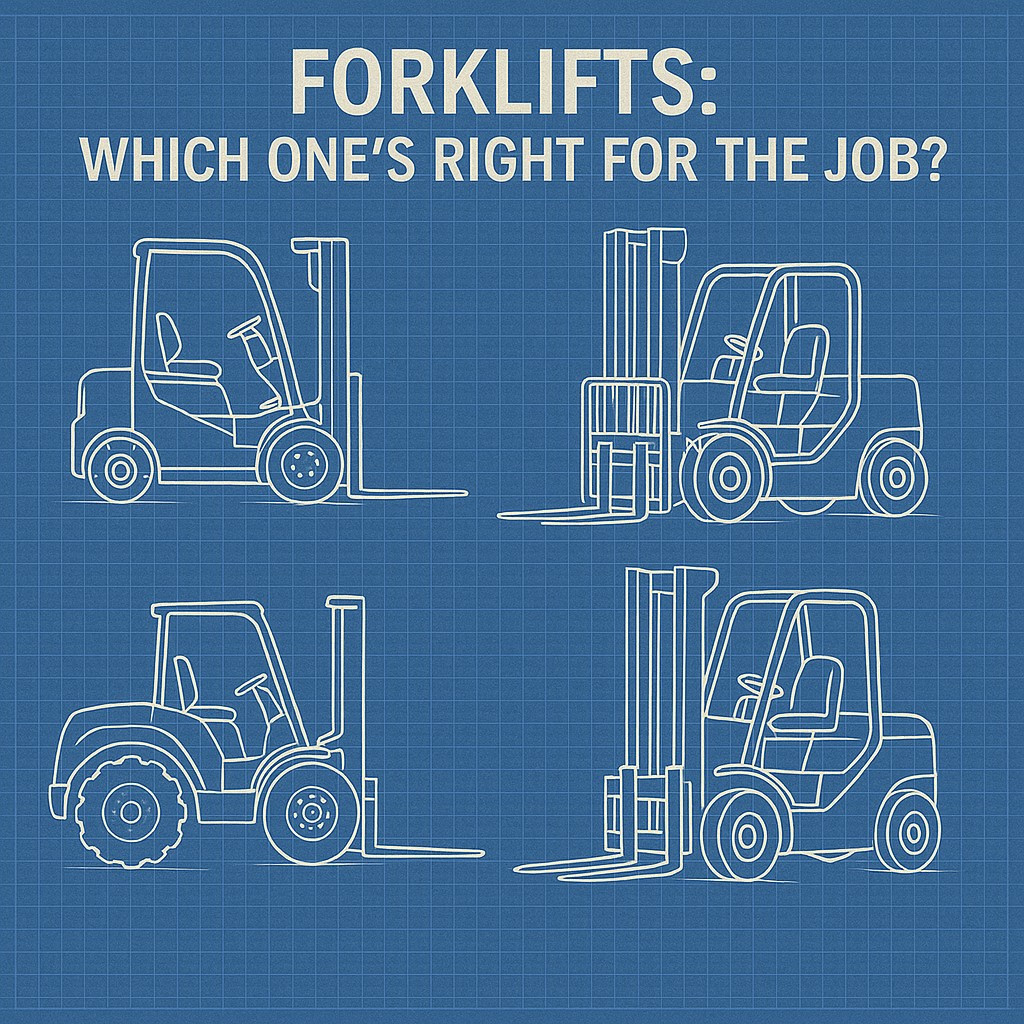 Blue background collage with illustrations of four types of forklifts with text "Forklifts: Which One's Right For The Job?"