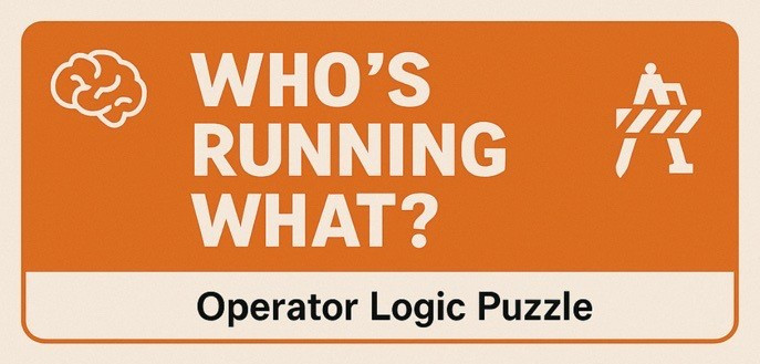 Orange sign with brain and construction icon with text "Who's Running What? Operator Logic Puzzle."