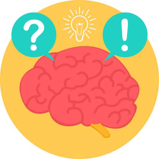 Illustration of a brain in a yellow circle and two word bubbles one with an exclamation point the other with a question mark.