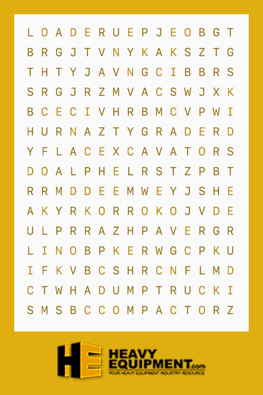 Word search game with many letters and an orange border around it with the heavyequipment.com logo.