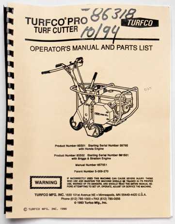 Turfco 85501 & 85502 Turf Cutter Operator's Manual & Parts List 657051 4C3/94 1994