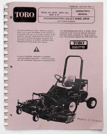 Toro Groundsmaster 322-D 4 Wheel Drive with Power Steering Operator's Manual Form No. 3313-811 Rev A 1990